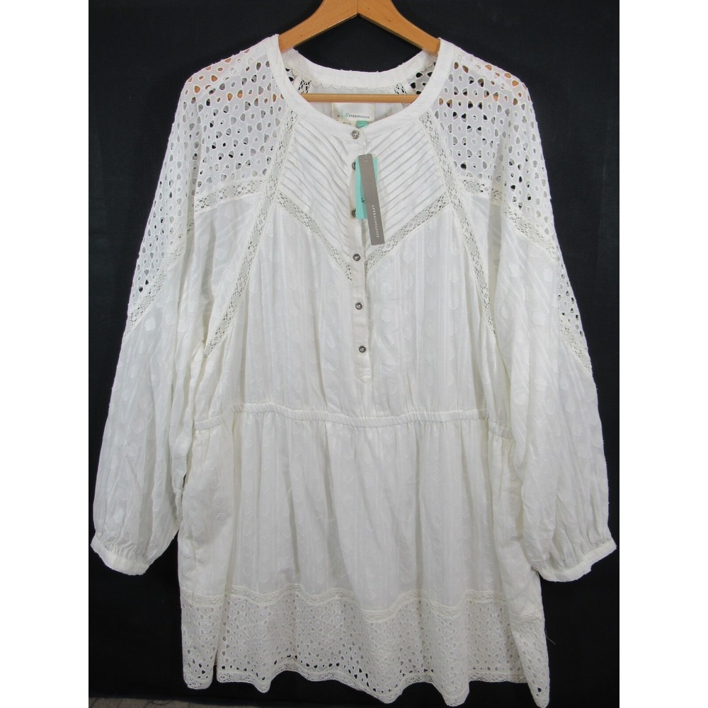 NEW Anthropologie Eyelet Mini Dress Plus Size 3X Ivory Pockets Crochet Boho